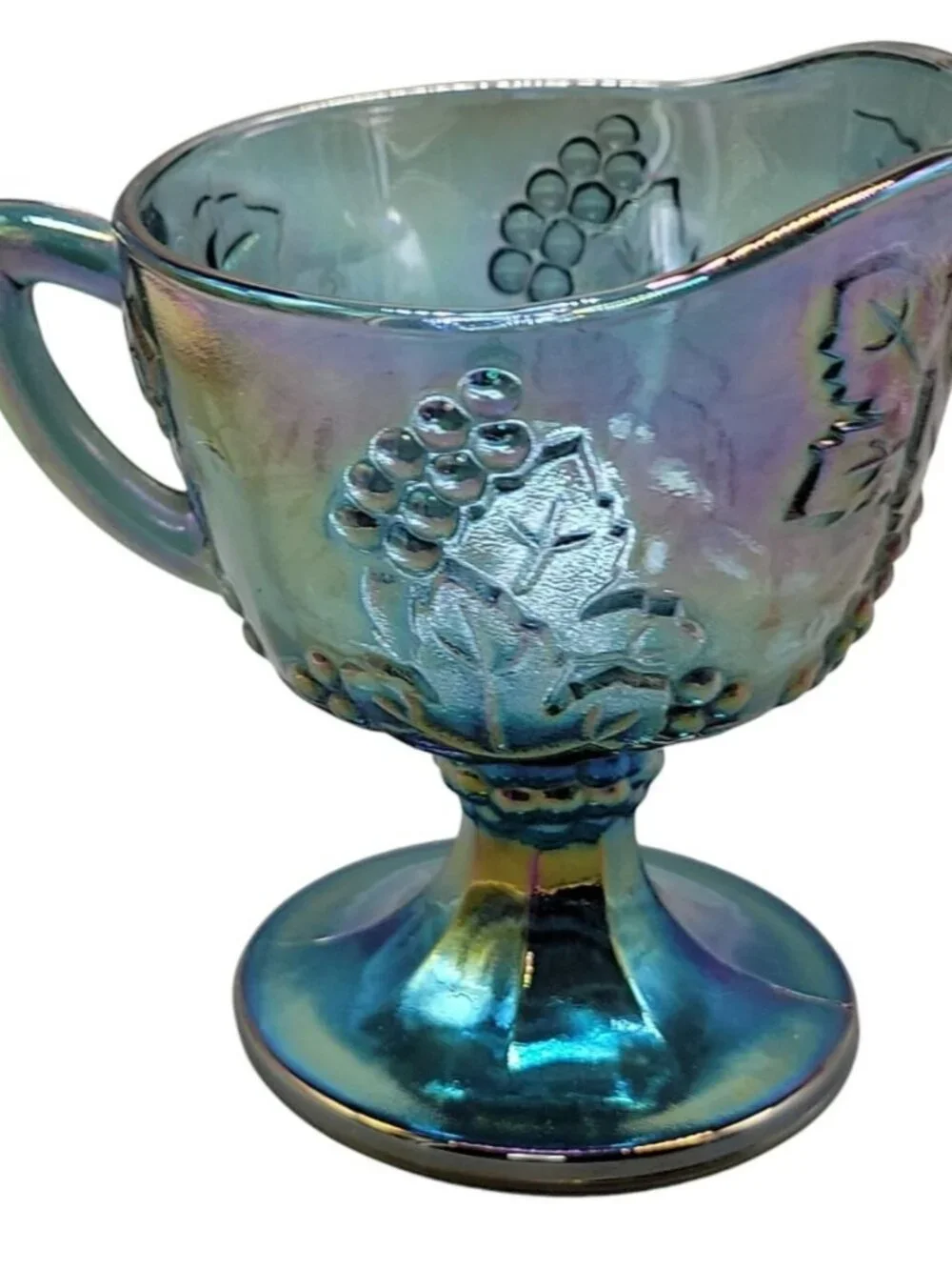Vtg Colony Indiana Glass Blue Carnival Glass Harvest Grape Footed Creamer 1970s